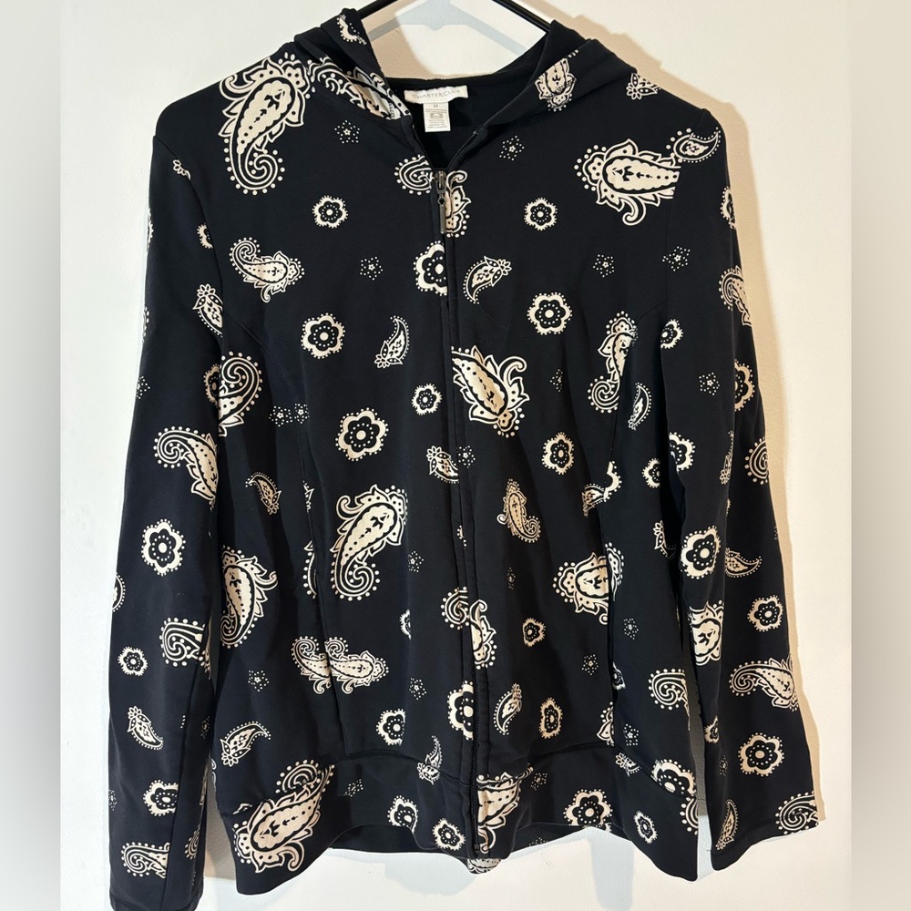 Charter Club Women Medium Hooded Zip Up Paisley Print Black Casual Comfy Hooded